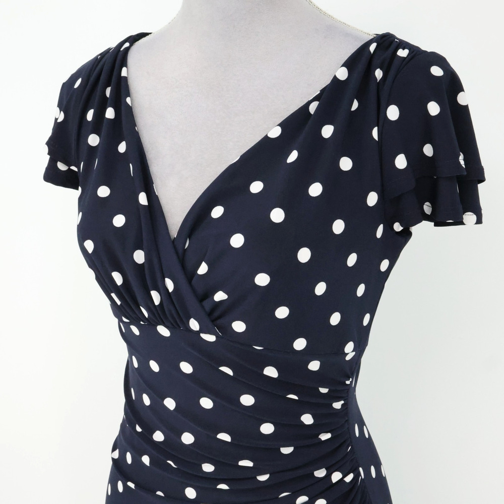 LRL Ralph Lauren Dress Womens 4 Navy Blue White Polka Dot Stretch Knit Faux Wrap - Picture 14 of 15